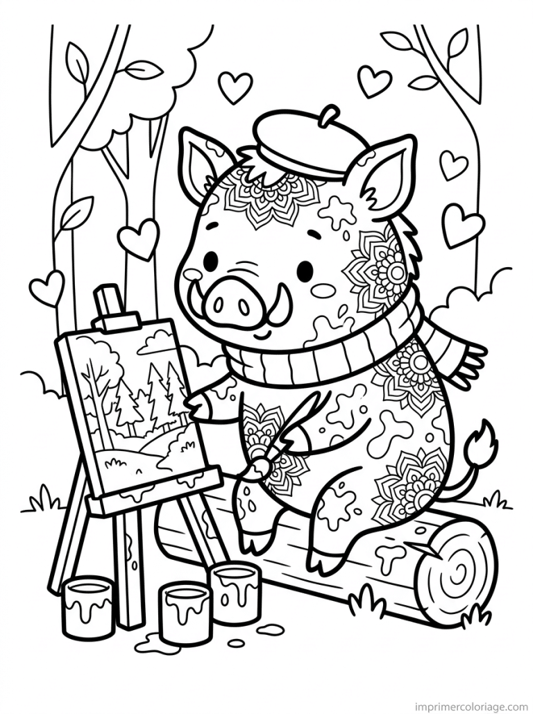 coloriage sanglier kawaii peintre foret - dessin gratuit &agrave; imprimer
