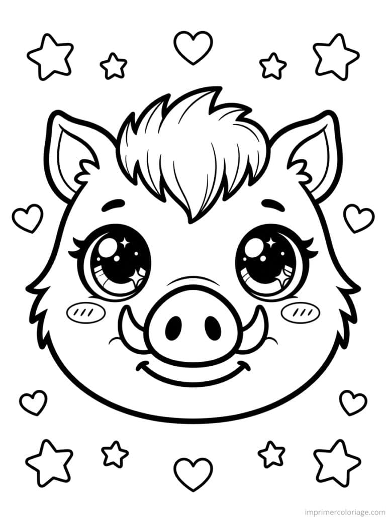 coloriage sanglier kawaii visage - dessin gratuit &agrave; imprimer