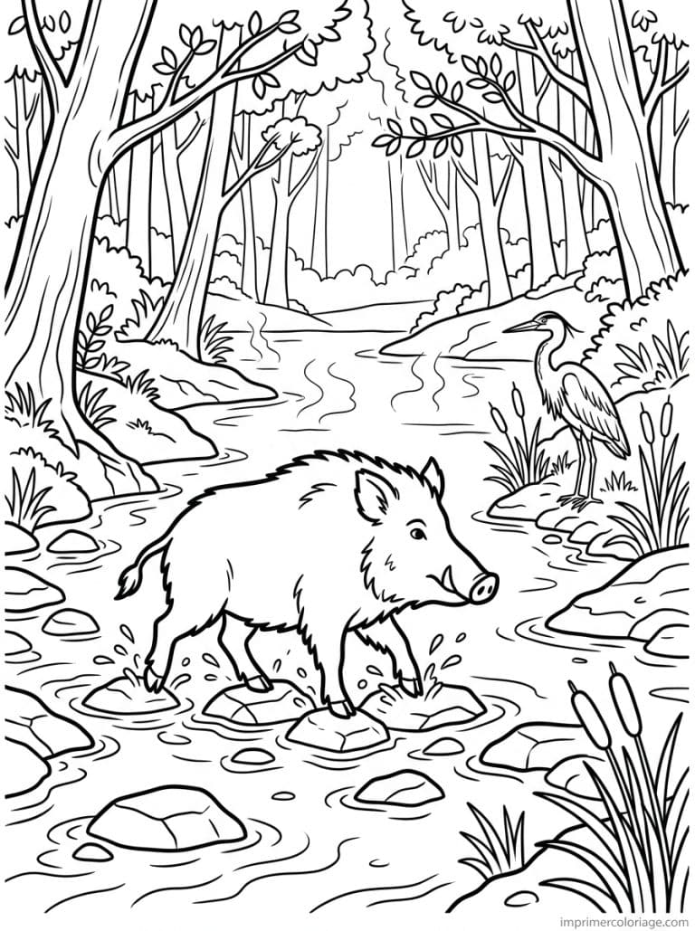 coloriage sanglier traverse ruisseau heron - dessin gratuit &agrave; imprimer