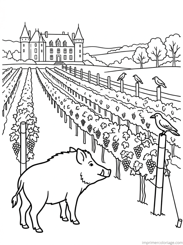 coloriage sanglier vigne chateau corbeaux - dessin gratuit &agrave; imprimer