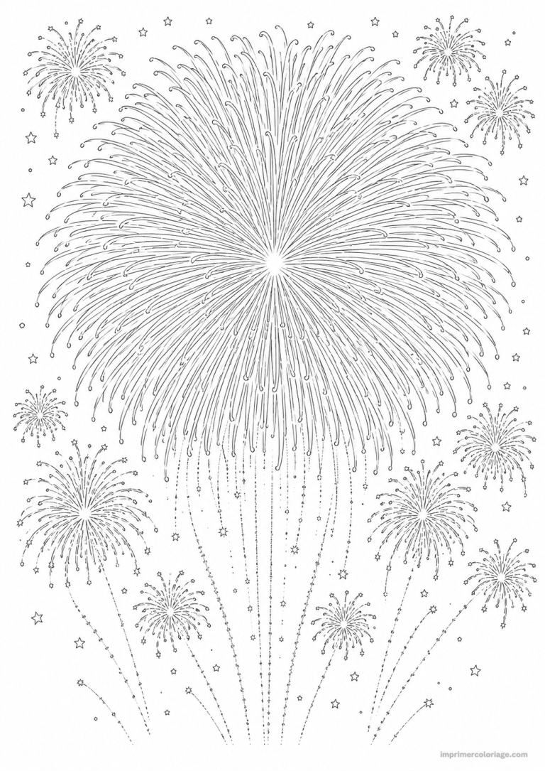 coloriage feu artifice fins lac reflet - dessin gratuit &agrave; imprimer
