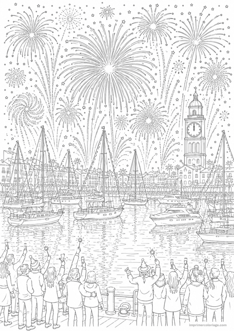 coloriage feu artifice scene famille pique nique - dessin gratuit &agrave; imprimer