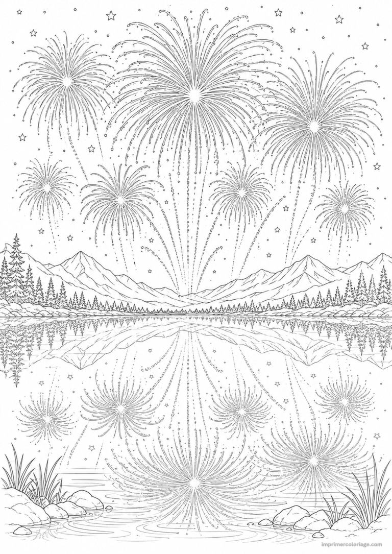 coloriage feu artifice scene nouvel an port - dessin gratuit &agrave; imprimer