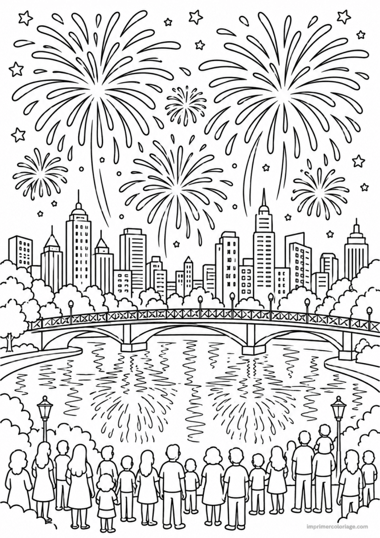 coloriage feu artifice scene tour eiffel - dessin gratuit &agrave; imprimer