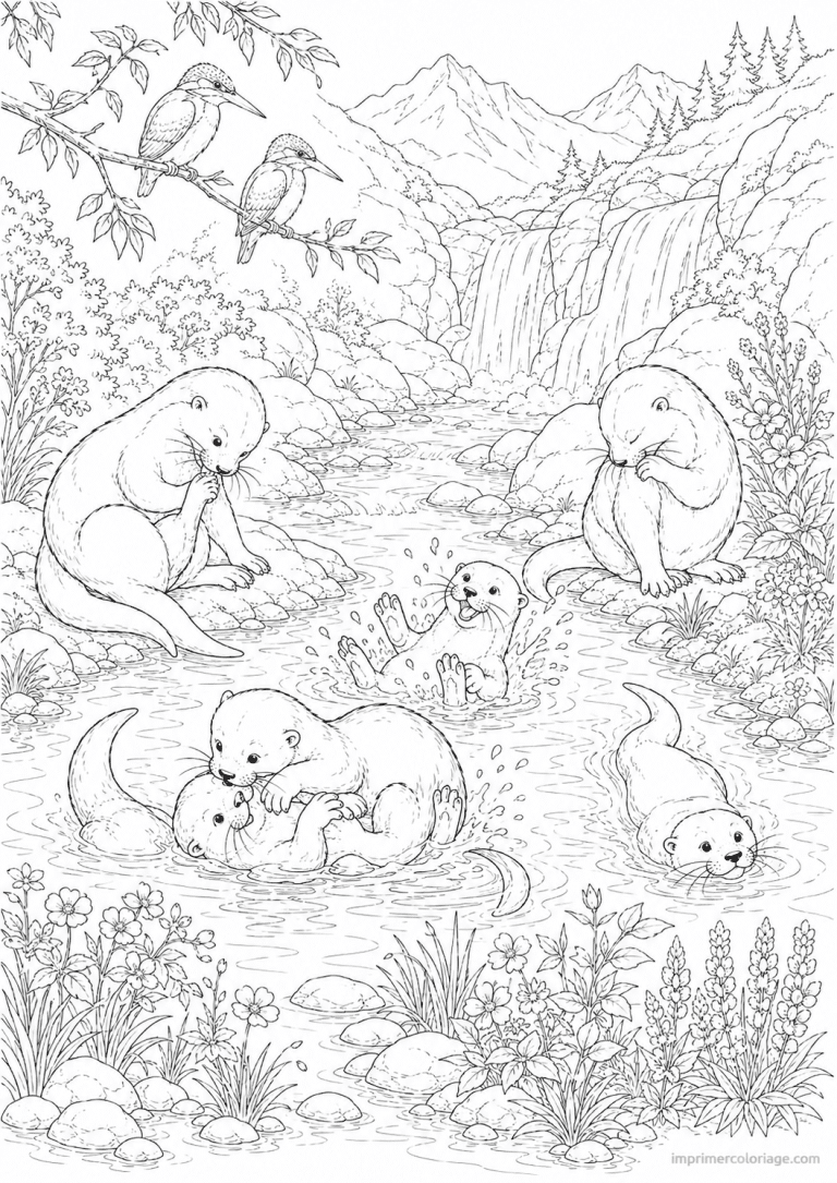 coloriage loutre famille riviere cascade à imprimer coloriage loutre famille riviere cascade - dessin gratuit à imprimer