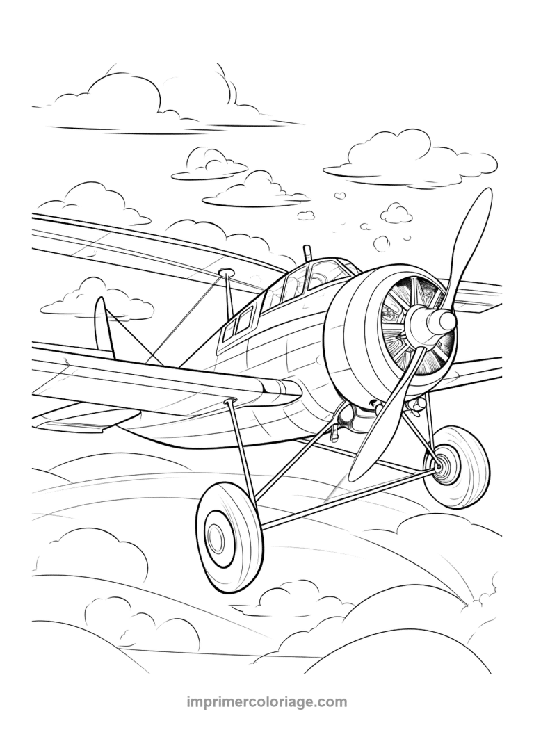avion ancien helice vol nuages - dessin gratuit &agrave; imprimer