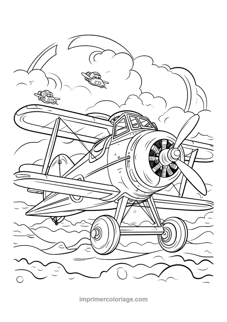 avion biplan helice escadrille nuages - dessin gratuit &agrave; imprimer