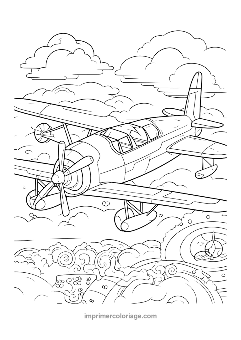 avion biplan helice vol nuages - dessin gratuit &agrave; imprimer