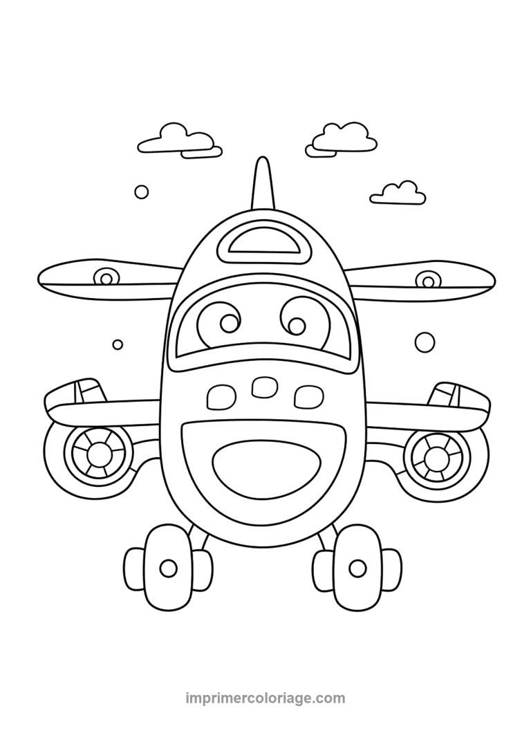 avion cartoon heureux nuages helice - dessin gratuit &agrave; imprimer