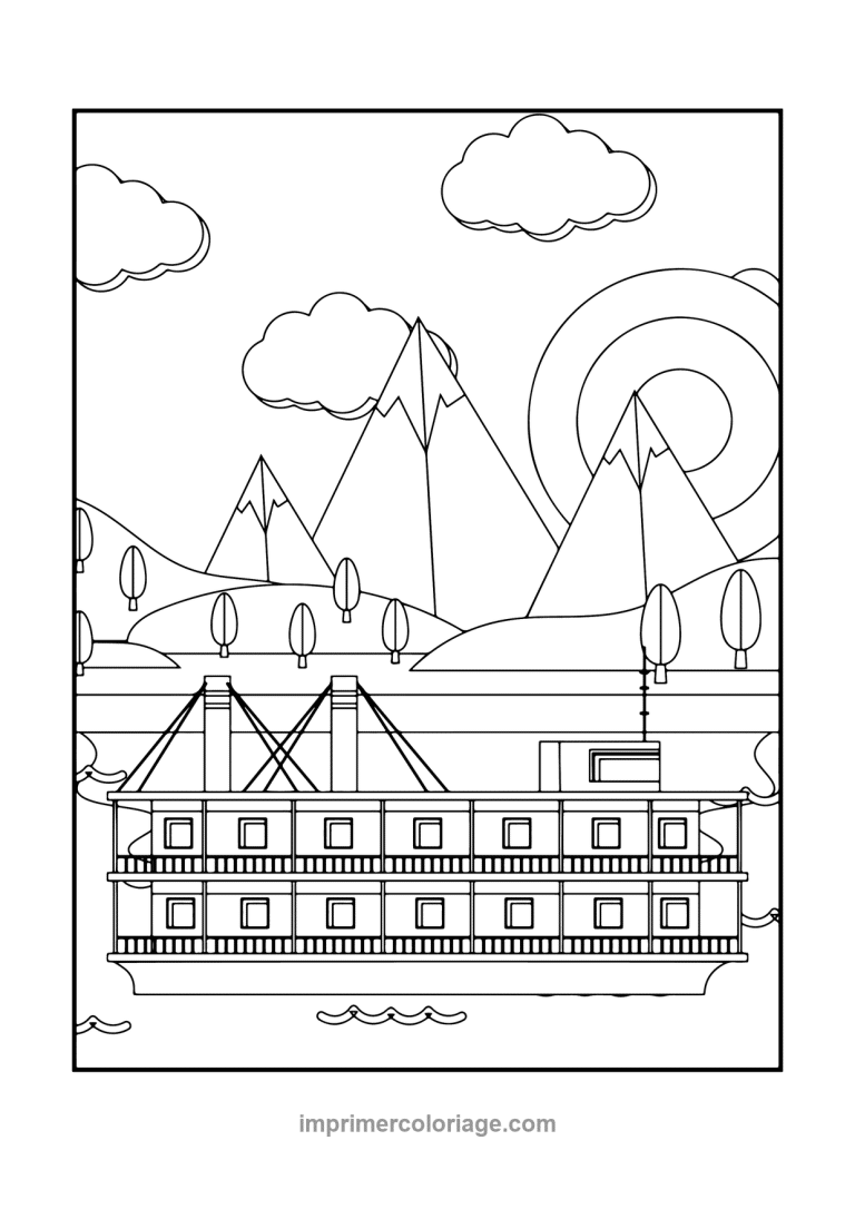 bateau a aubes montagnes arbres soleil - dessin gratuit &agrave; imprimer