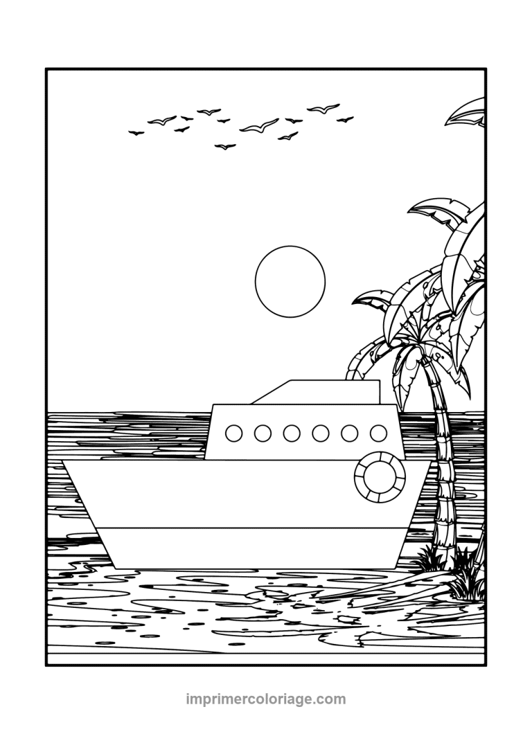 bateau moteur hublots palmier soleil plage - dessin gratuit &agrave; imprimer