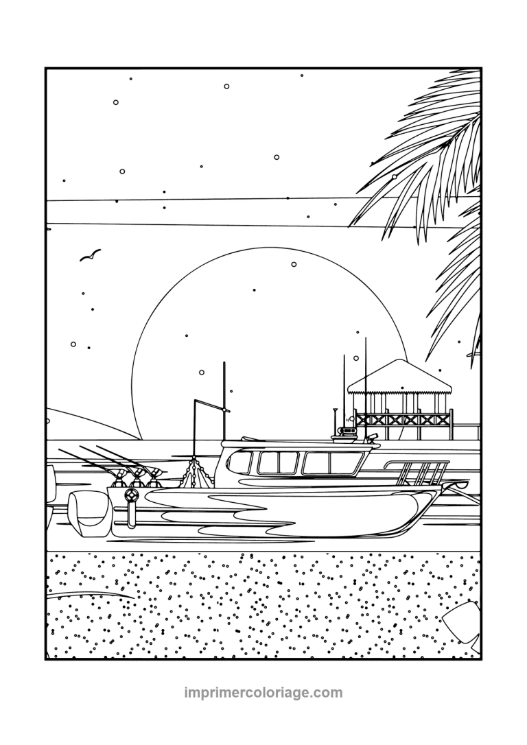 bateau moteur lune nuit palmier ponton - dessin gratuit &agrave; imprimer