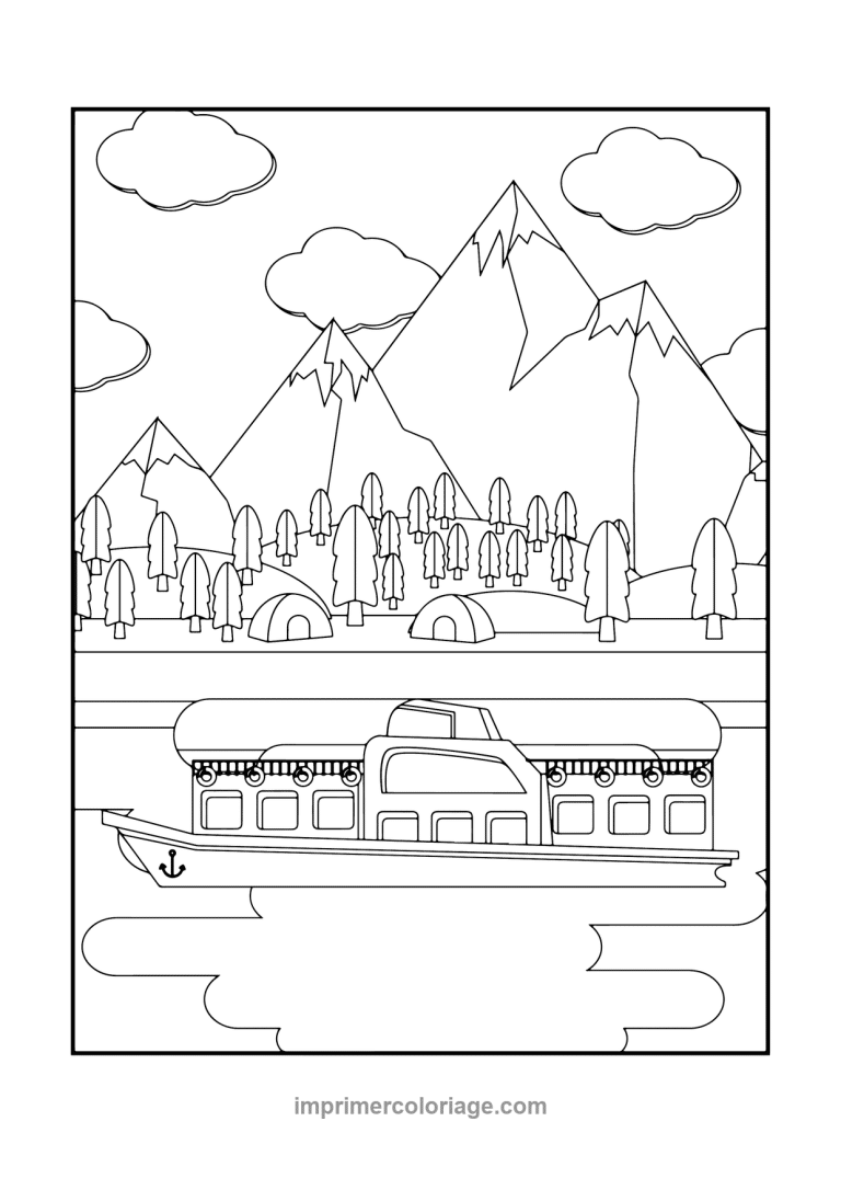 bateau passagers montagnes sapins tentes ancre - dessin gratuit &agrave; imprimer