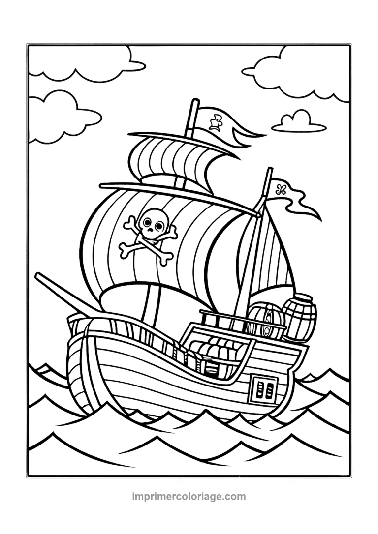 bateau pirate cartoon crane tresor vagues - dessin gratuit &agrave; imprimer