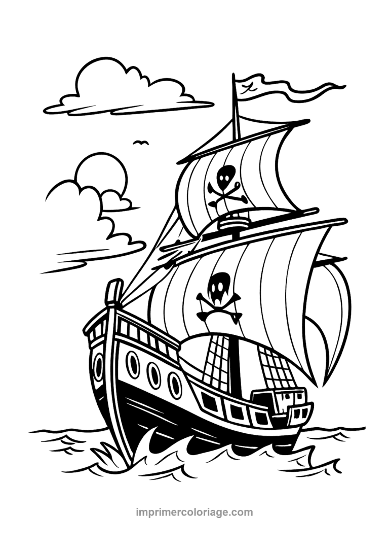 bateau pirate cartoon deux cranes soleil - dessin gratuit &agrave; imprimer