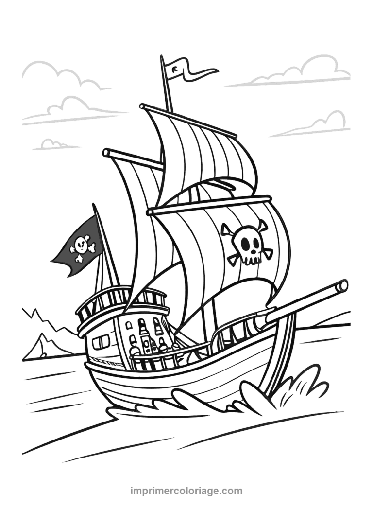 bateau pirate drapeau noir crane montagnes - dessin gratuit &agrave; imprimer