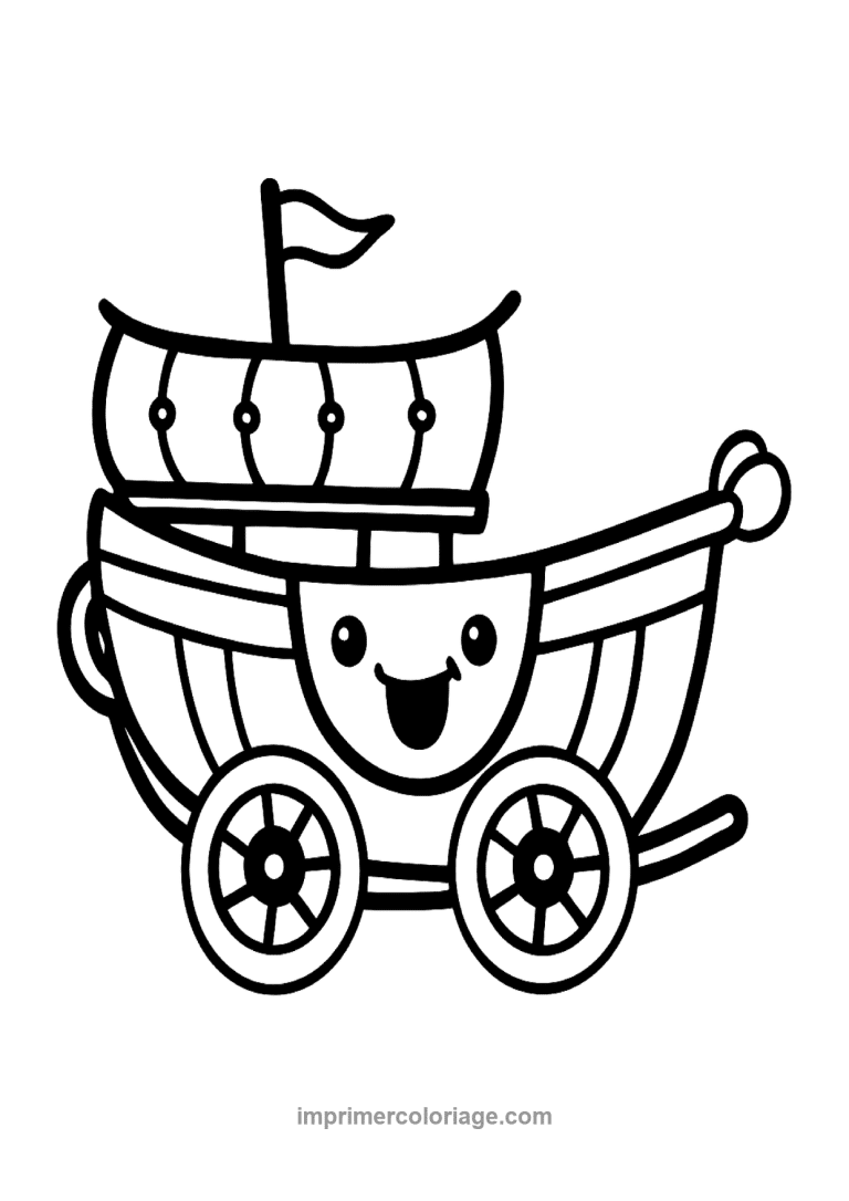 bateau pirate kawaii souriant roues drapeau - dessin gratuit &agrave; imprimer