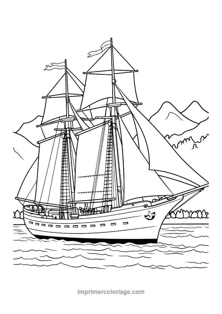 brigantin deux mats drapeaux montagnes - dessin gratuit &agrave; imprimer