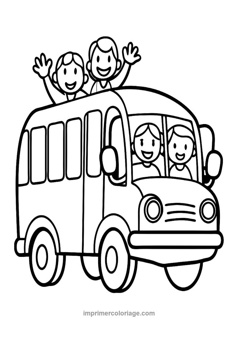 bus enfants souriants saluent cartoon - dessin gratuit &agrave; imprimer