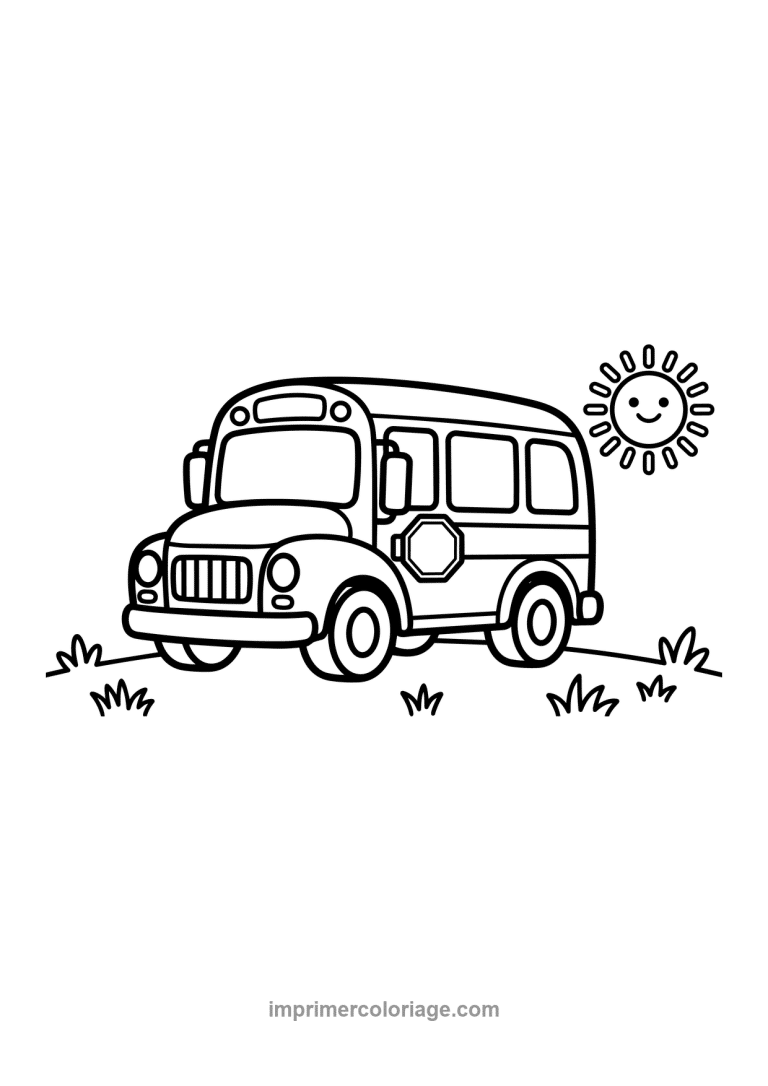 bus scolaire mignon soleil herbe jardin - dessin gratuit &agrave; imprimer