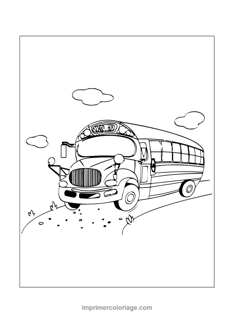 bus scolaire realiste nuages colline avant - dessin gratuit &agrave; imprimer