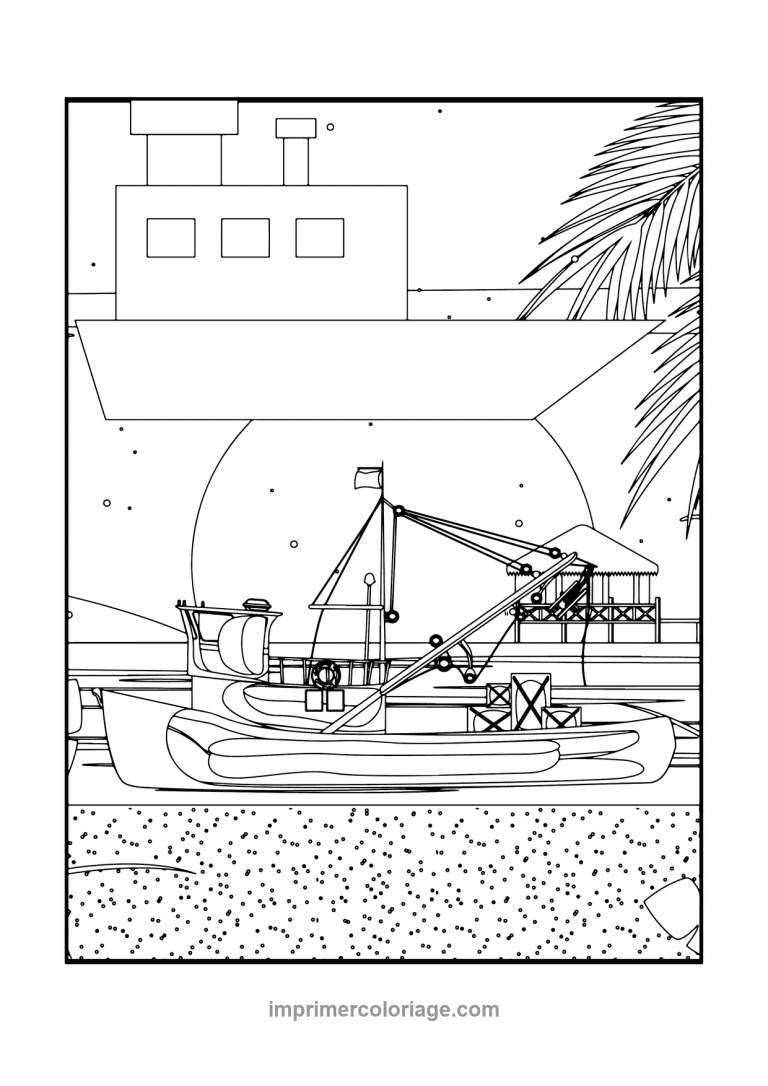 chalutier grue lune palmier ponton - dessin gratuit &agrave; imprimer