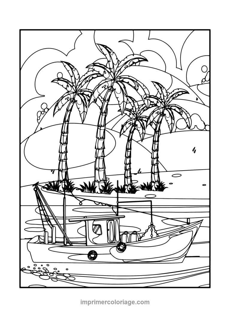 chalutier peche ile palmiers coucher soleil - dessin gratuit &agrave; imprimer