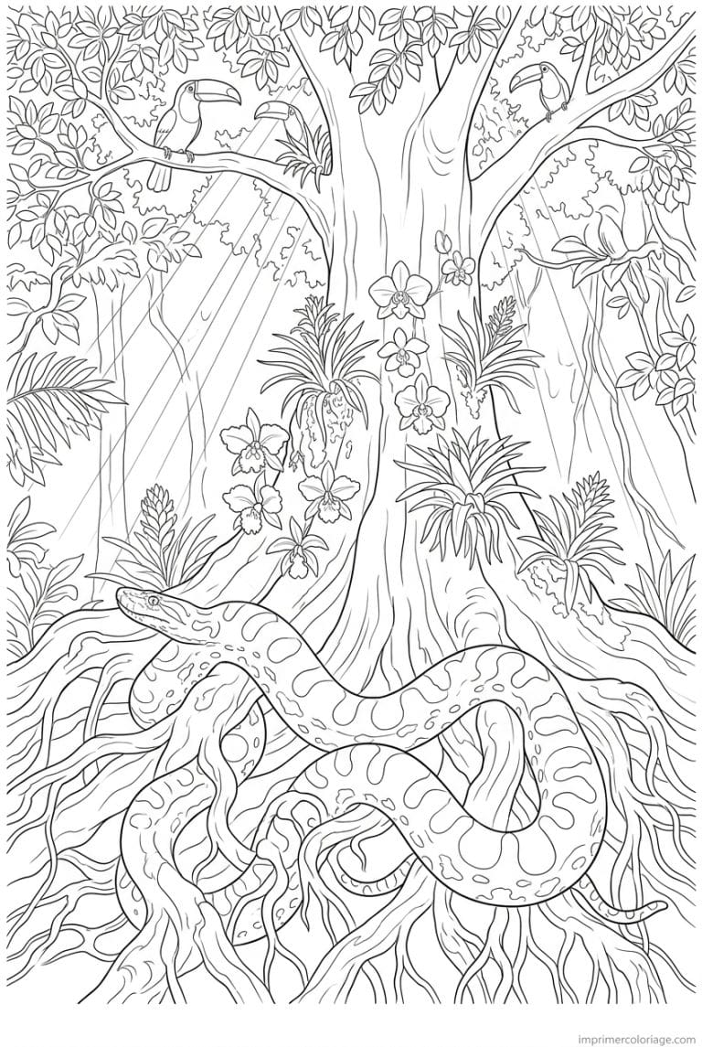 coloriage anaconda kapok orchidees toucans à imprimer coloriage anaconda kapok orchidees toucans - dessin gratuit à imprimer