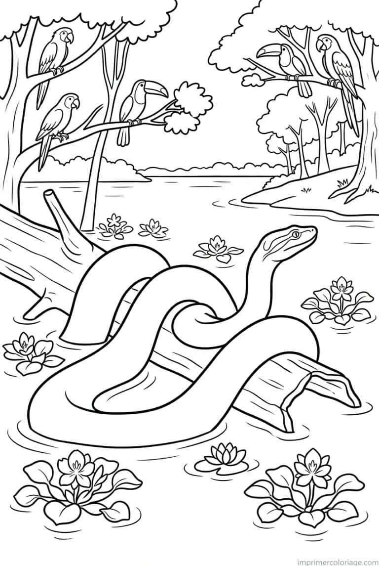 coloriage anaconda riviere tronc oiseaux à imprimer coloriage anaconda riviere tronc oiseaux - dessin gratuit à imprimer