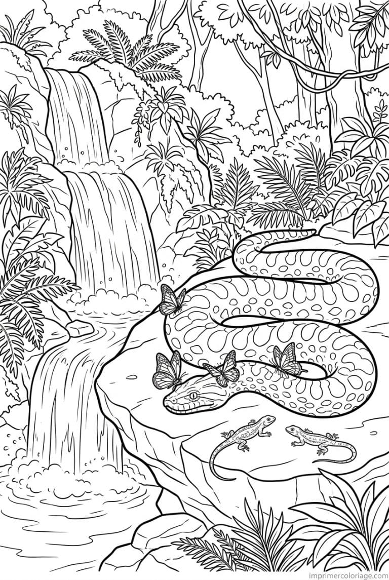 coloriage anaconda rocher cascade papillons à imprimer coloriage anaconda rocher cascade papillons - dessin gratuit à imprimer