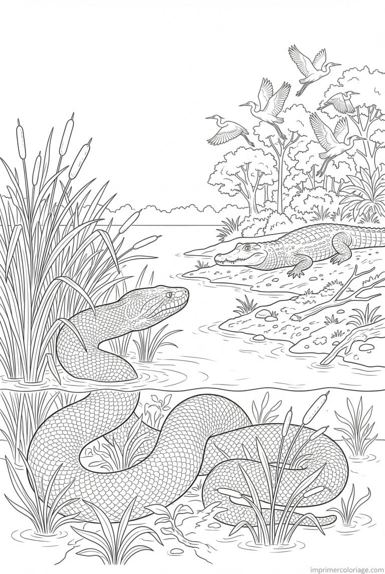 coloriage anaconda roseaux caiman aigrettes à imprimer coloriage anaconda roseaux caiman aigrettes - dessin gratuit à imprimer