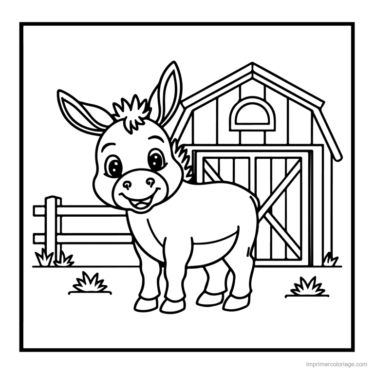 coloriage animaux de la ferme ane mignon devant la grange - dessin gratuit &agrave; imprimer