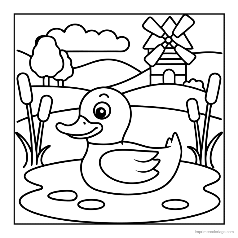 coloriage animaux de la ferme canard mignon sur l etang - dessin gratuit &agrave; imprimer