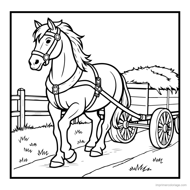 coloriage animaux de la ferme cheval attele a la charrette - dessin gratuit &agrave; imprimer