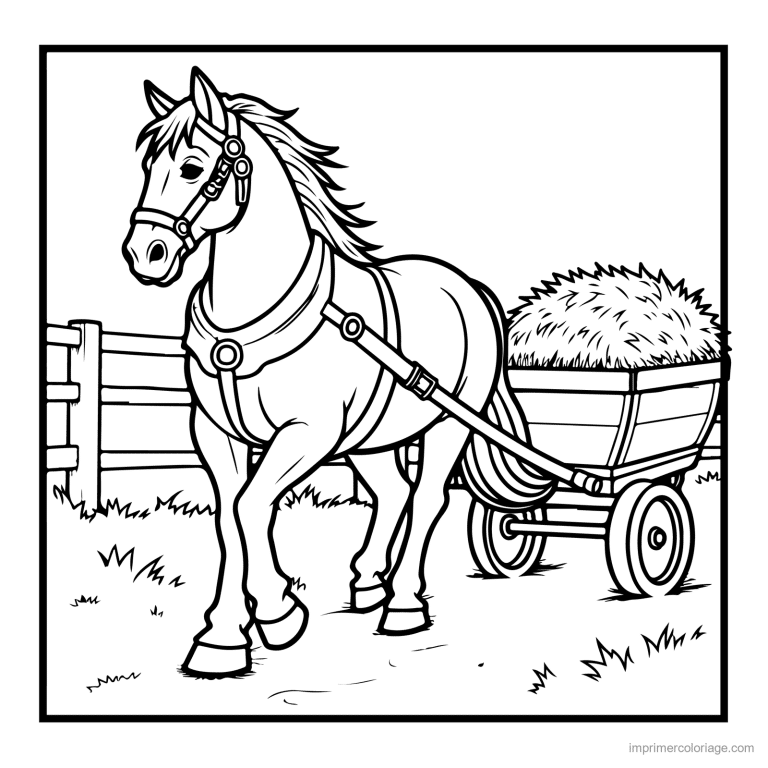 coloriage animaux de la ferme cheval de trait et charrette de foin - dessin gratuit &agrave; imprimer