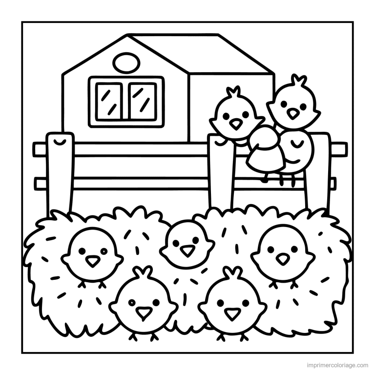 coloriage animaux de la ferme cinq poussins sur le foin - dessin gratuit &agrave; imprimer