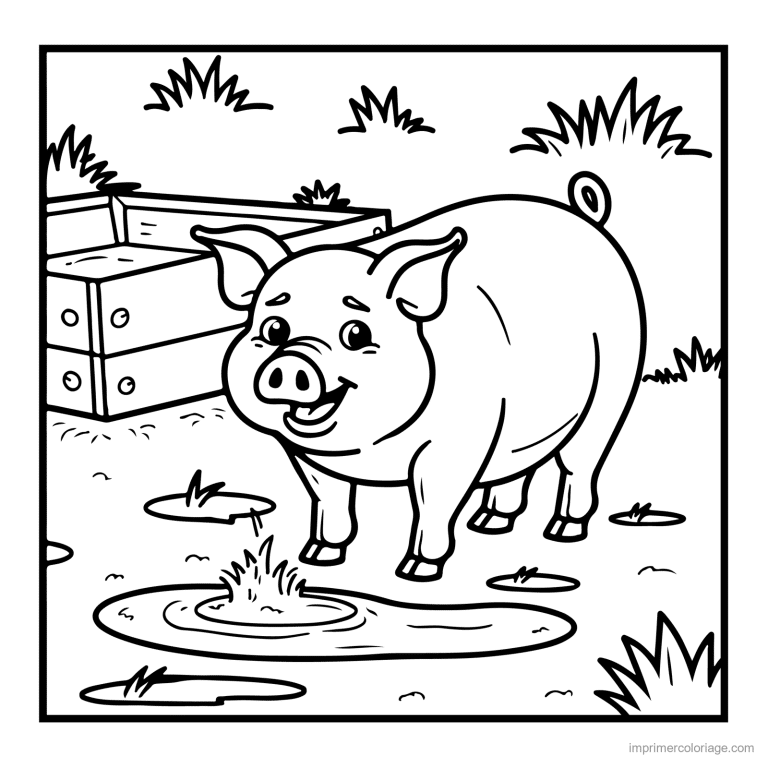 coloriage animaux de la ferme cochon debout dans la boue - dessin gratuit &agrave; imprimer