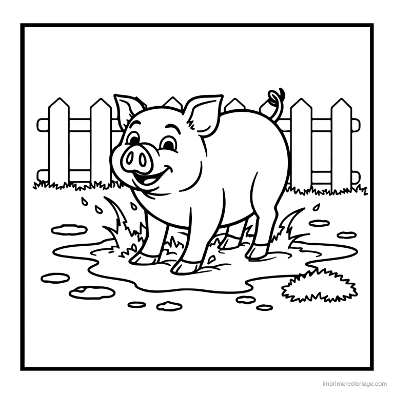 coloriage animaux de la ferme cochon souriant dans la boue - dessin gratuit &agrave; imprimer
