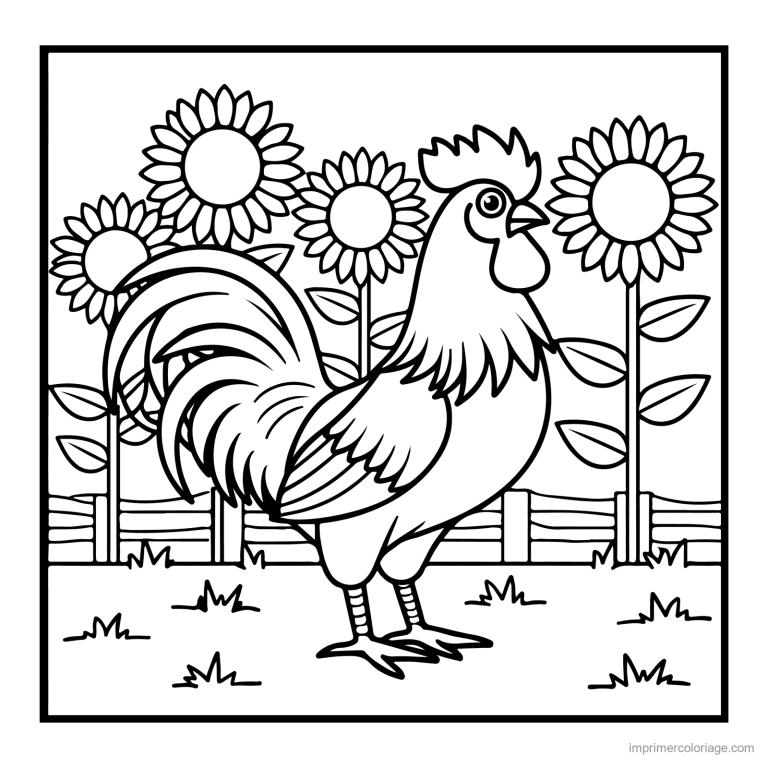 coloriage animaux de la ferme coq et les tournesols - dessin gratuit &agrave; imprimer