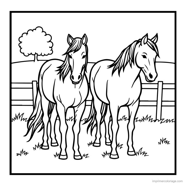 coloriage animaux de la ferme deux chevaux au pre - dessin gratuit &agrave; imprimer