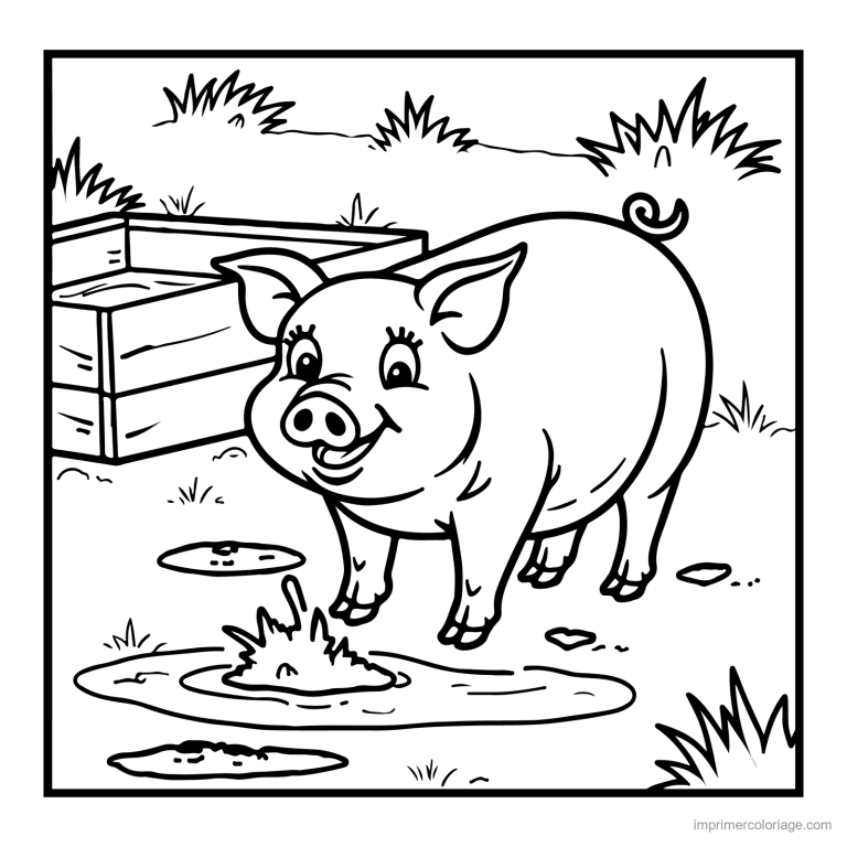 coloriage animaux de la ferme gros cochon dans la boue - dessin gratuit &agrave; imprimer