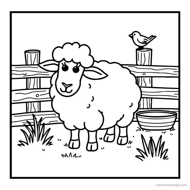 coloriage animaux de la ferme mouton pres de la barriere - dessin gratuit &agrave; imprimer