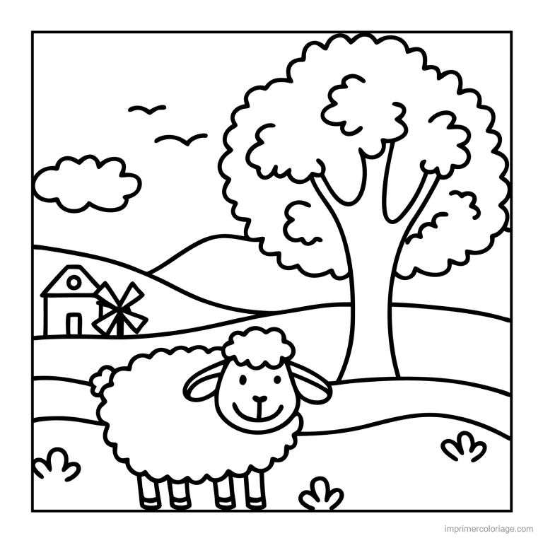 coloriage animaux de la ferme mouton sous l arbre - dessin gratuit &agrave; imprimer