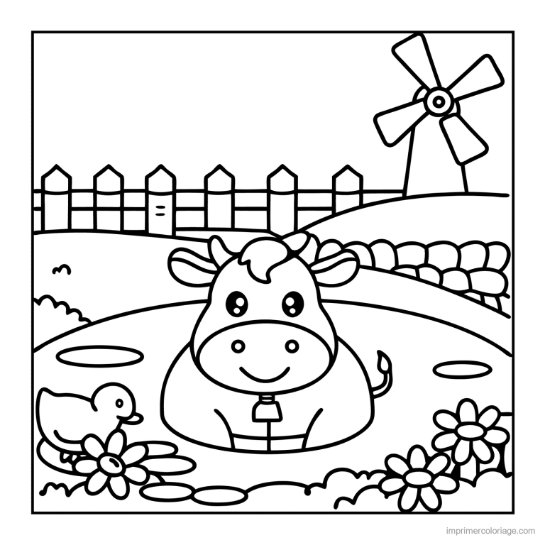 coloriage animaux de la ferme petite vache kawaii devant la grange - dessin gratuit &agrave; imprimer