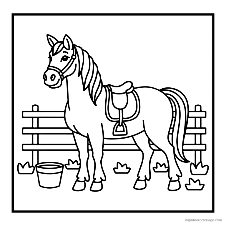 coloriage animaux de la ferme poney selle pres de la barriere - dessin gratuit &agrave; imprimer