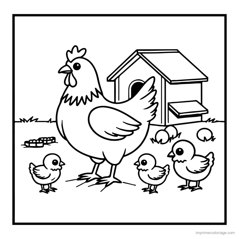 coloriage animaux de la ferme poule et ses poussins - dessin gratuit &agrave; imprimer