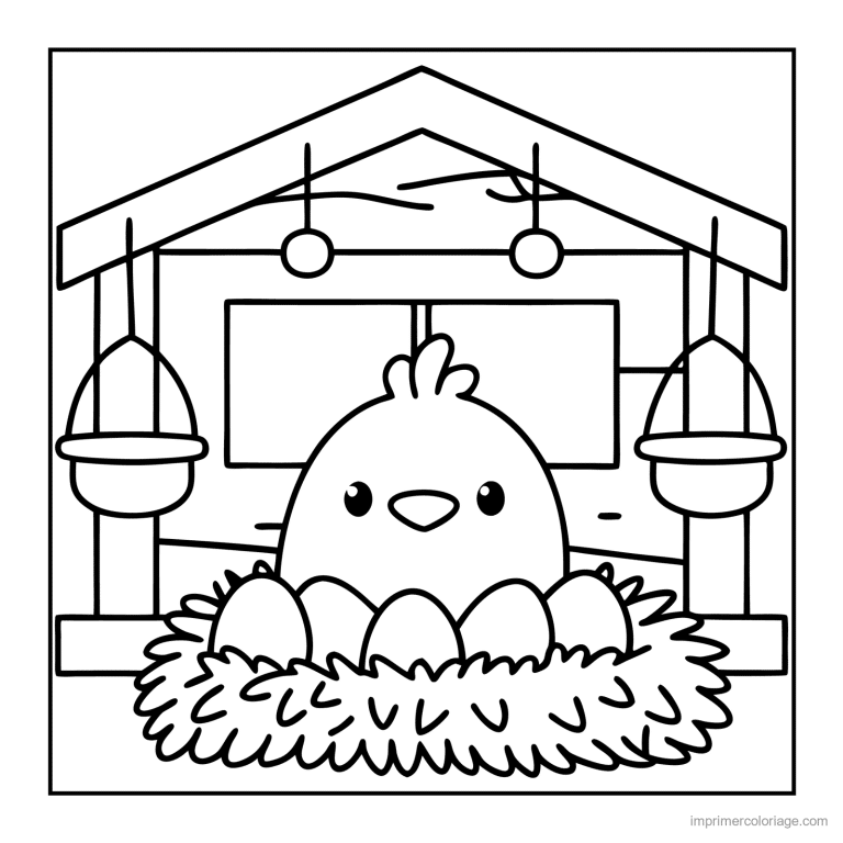 coloriage animaux de la ferme poussin sur son nid dans la grange - dessin gratuit &agrave; imprimer