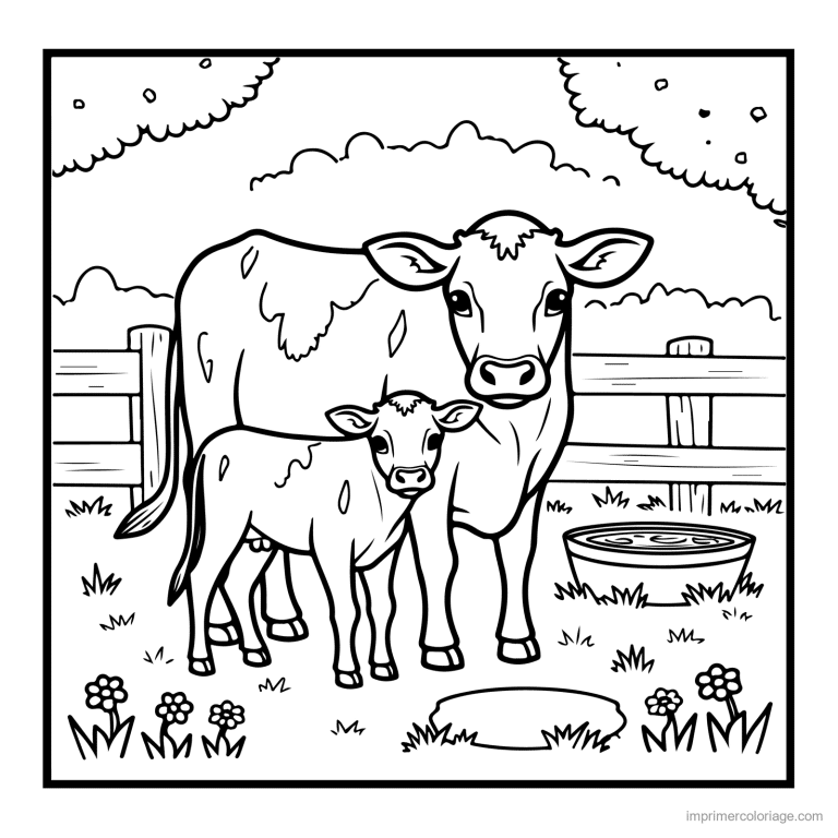 coloriage animaux de la ferme vache et son veau au pre - dessin gratuit &agrave; imprimer