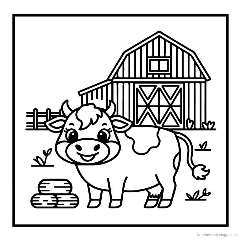 coloriage animaux de la ferme veau mignon devant la grange - dessin gratuit &agrave; imprimer