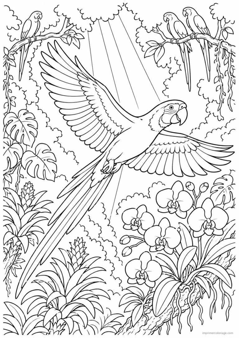 coloriage ara vol foret tropicale orchidees - dessin gratuit &agrave; imprimer